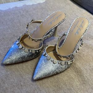 Antonio Melani/Nicola Bathurst Silver Jeweled Pointed-Toe Mule Heels